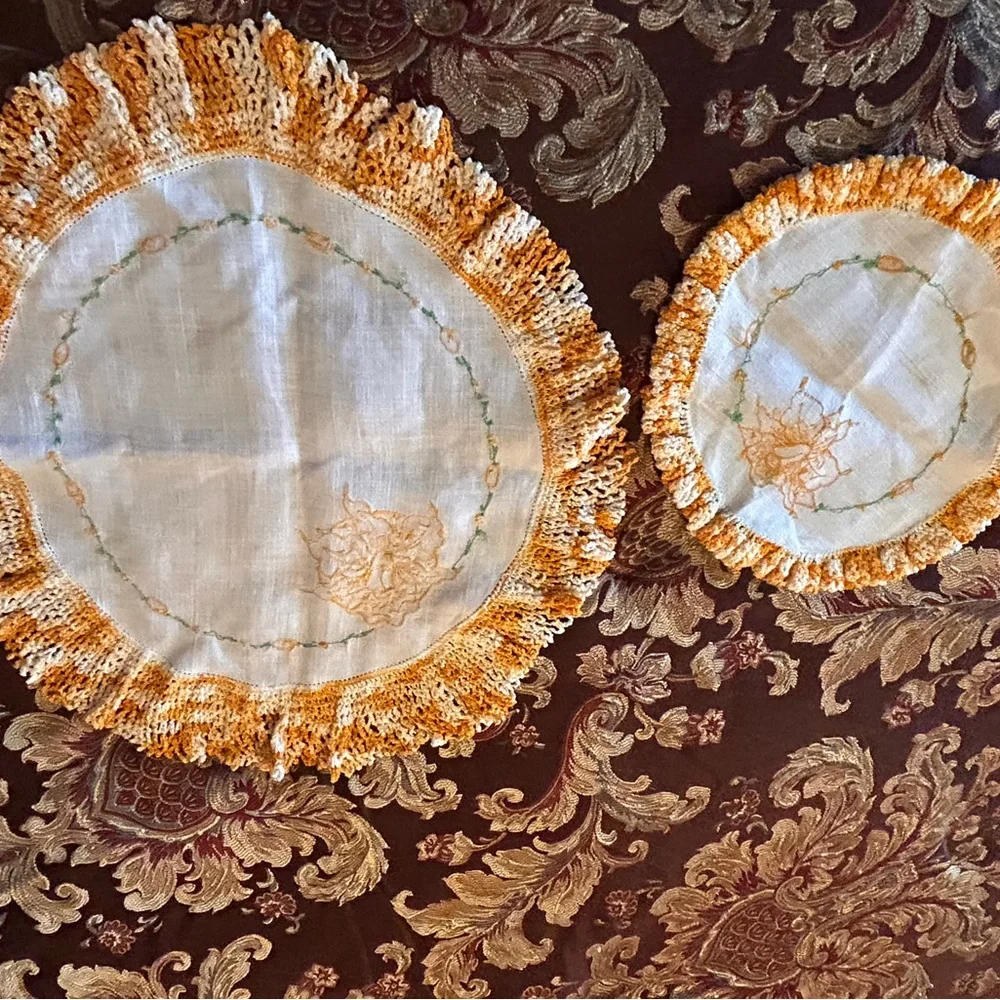 Vintage‎ Orange & White Crochet Circle Doilies 2PC Set